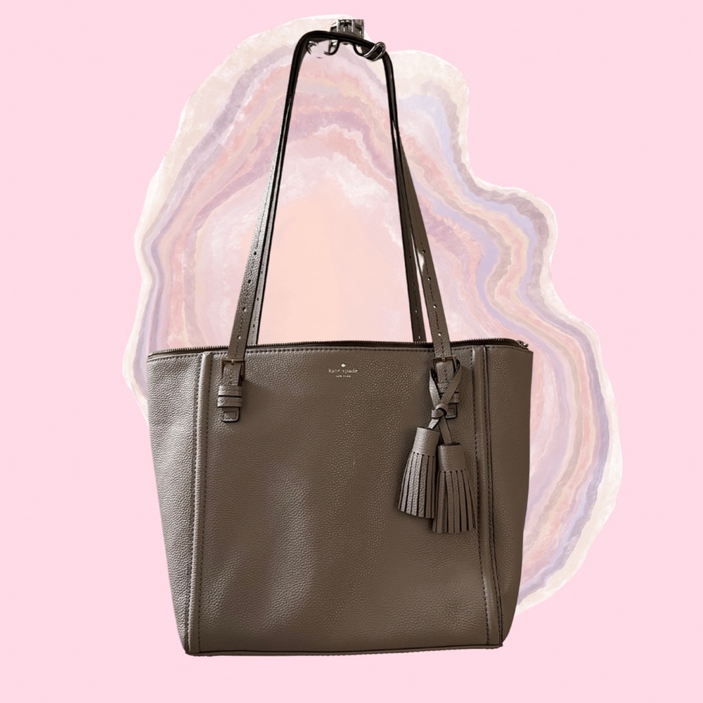 Kate Spade Taupe Pebbled Leather Zipper Top Tote